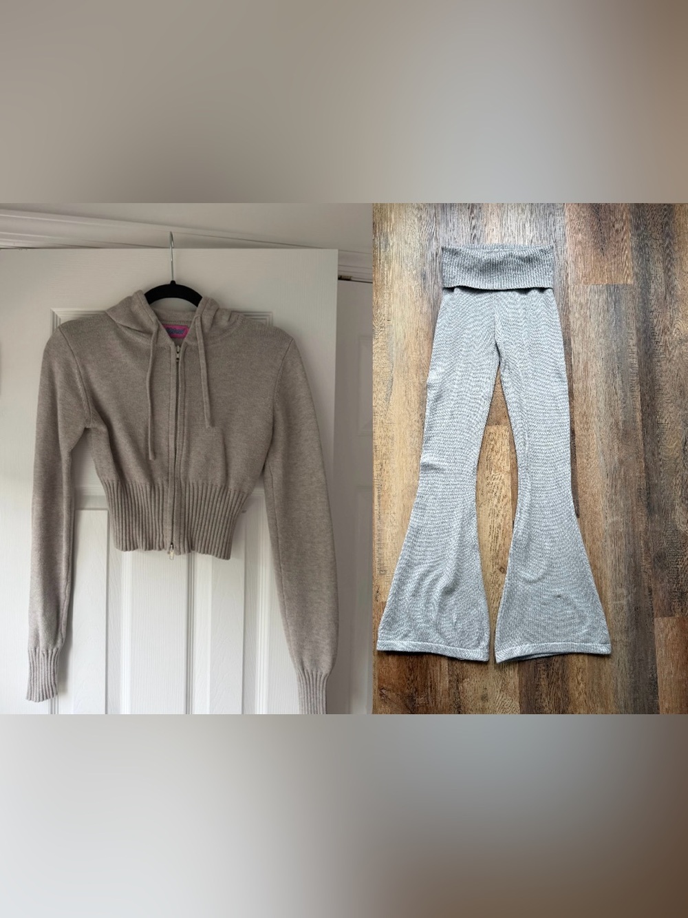 Edikted Light Gray Knit Set - Cropped Zip Up & Fold-Over Waist Flare Pants